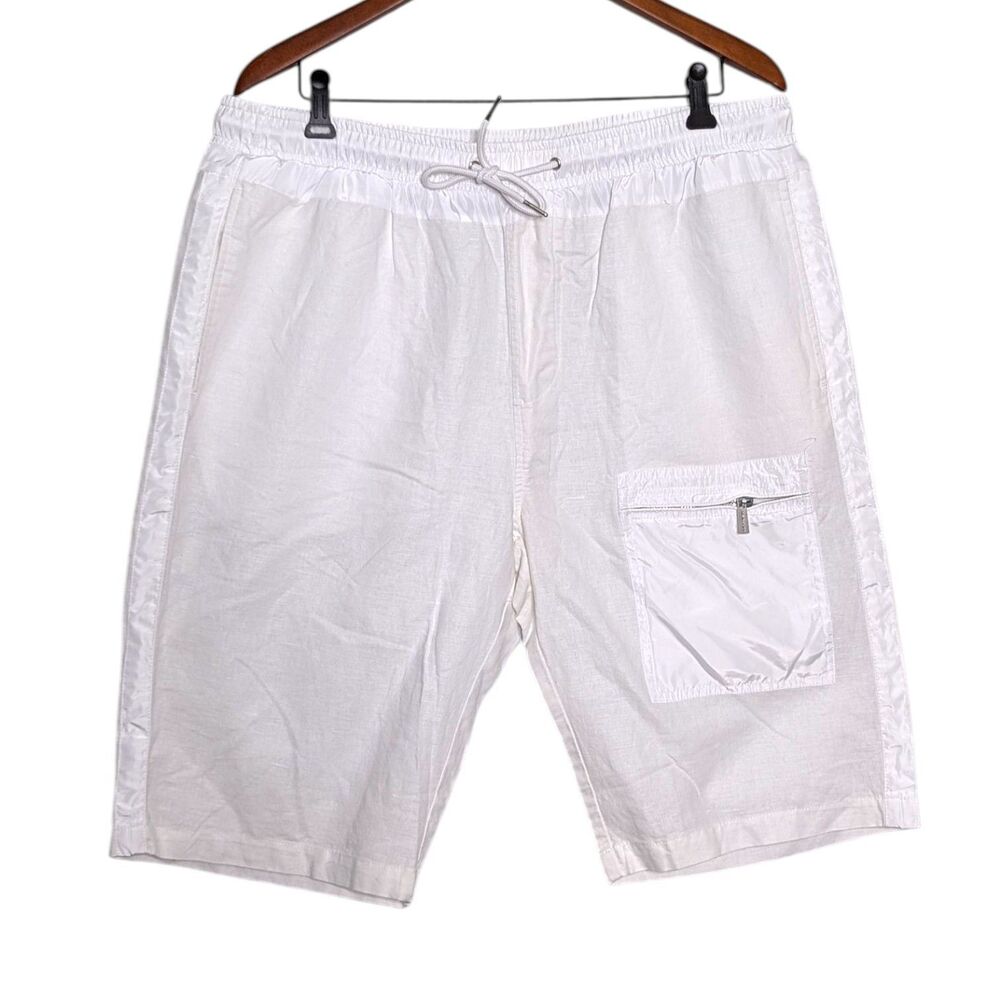Sean John Size 36 White Linen Cotton Blend Shorts Stretch Waist Drawstring Beach